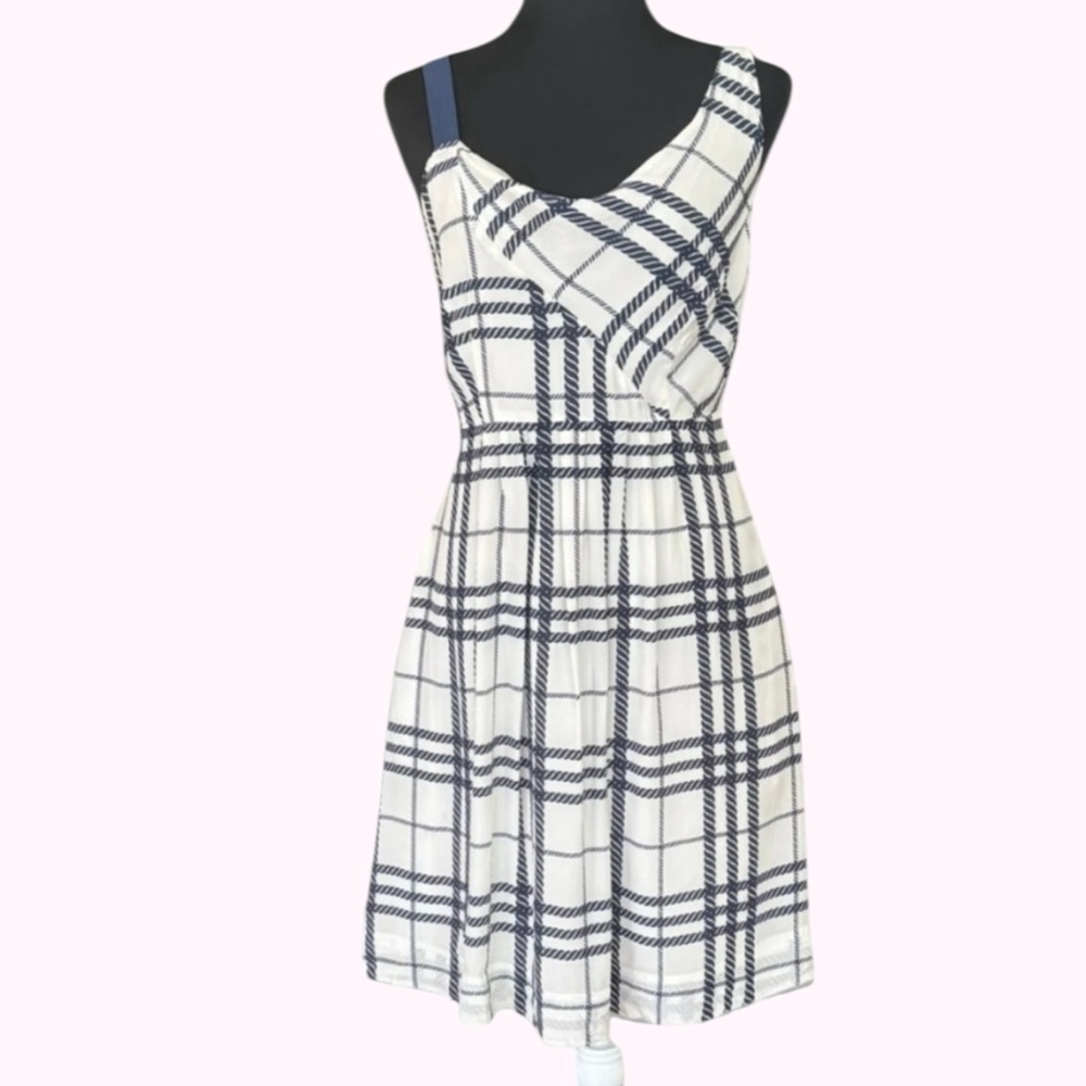 Moulinette Soeurs Anthro Know Ropes Silk Dress Cream Navy Plaid Size 4